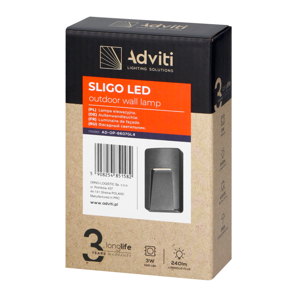 SLIGO LED 3W, Outdoor wall lamp, 240lm, IP65, 4000K, rectangular, grey