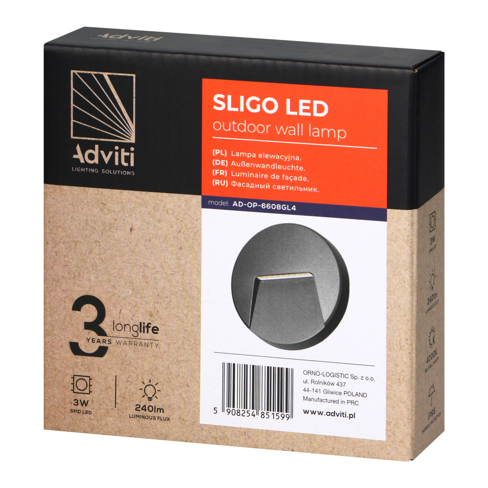SLIGO LED 3W, lampa elewacyjna, 240lm, IP65, 4000K, okrągła, szara