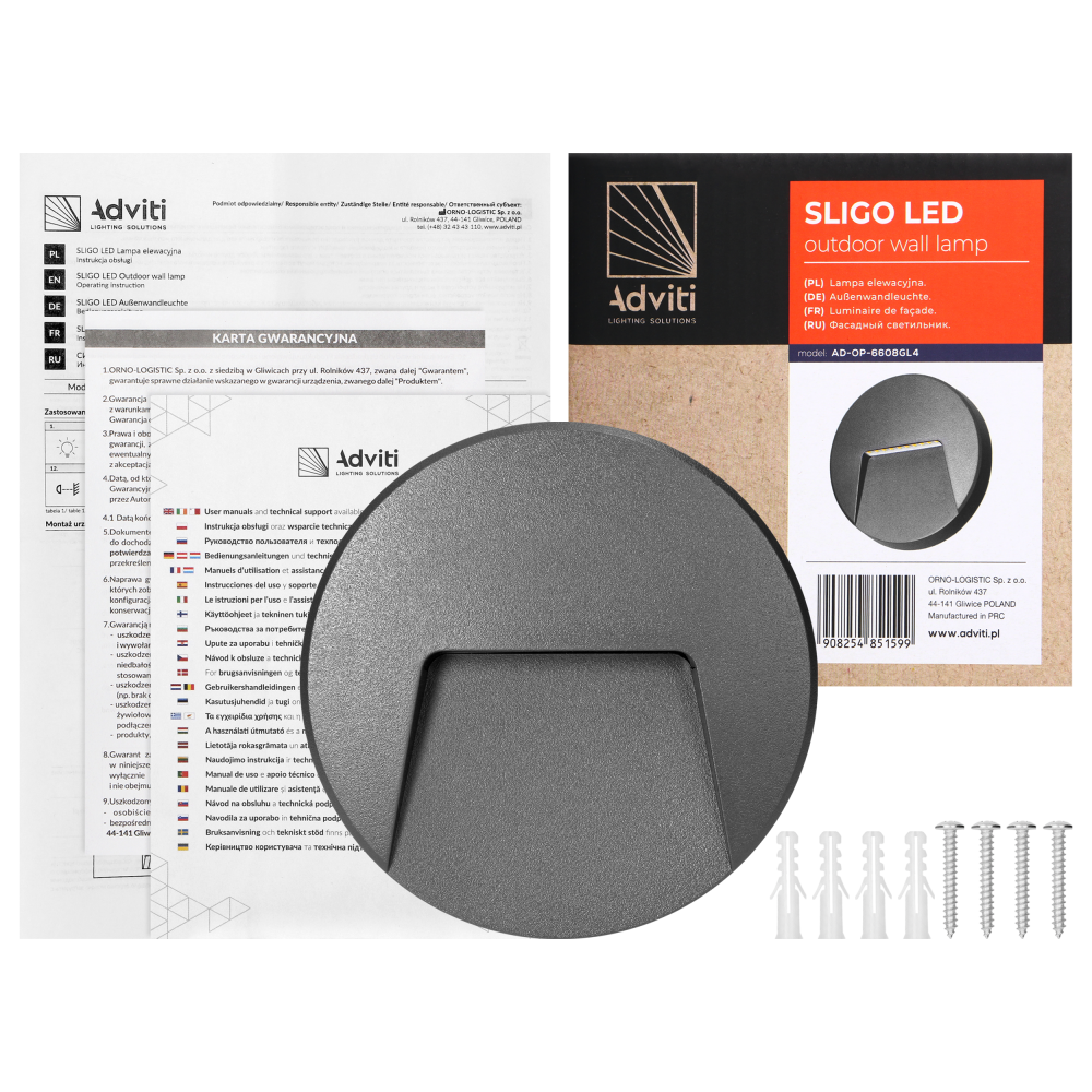 SLIGO LED 3W, lampa elewacyjna, 240lm, IP65, 4000K, okrągła, szara