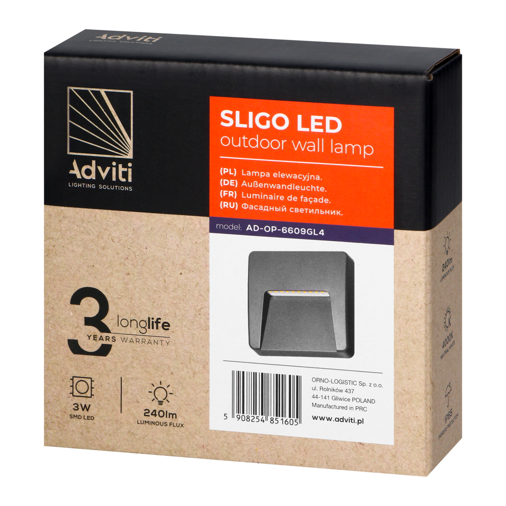 SLIGO LED 3W, lampa elewacyjna, 240lm, IP65, 4000K, kwadratowa, szara