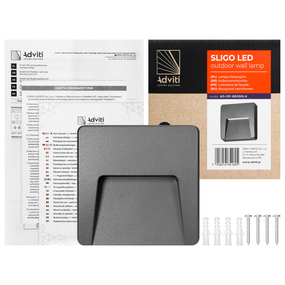 SLIGO LED 3W, lampa elewacyjna, 240lm, IP65, 4000K, kwadratowa, szara