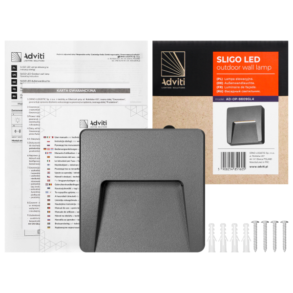 SLIGO LED 3W, lampa elewacyjna, 240lm, IP65, 4000K, kwadratowa, szara