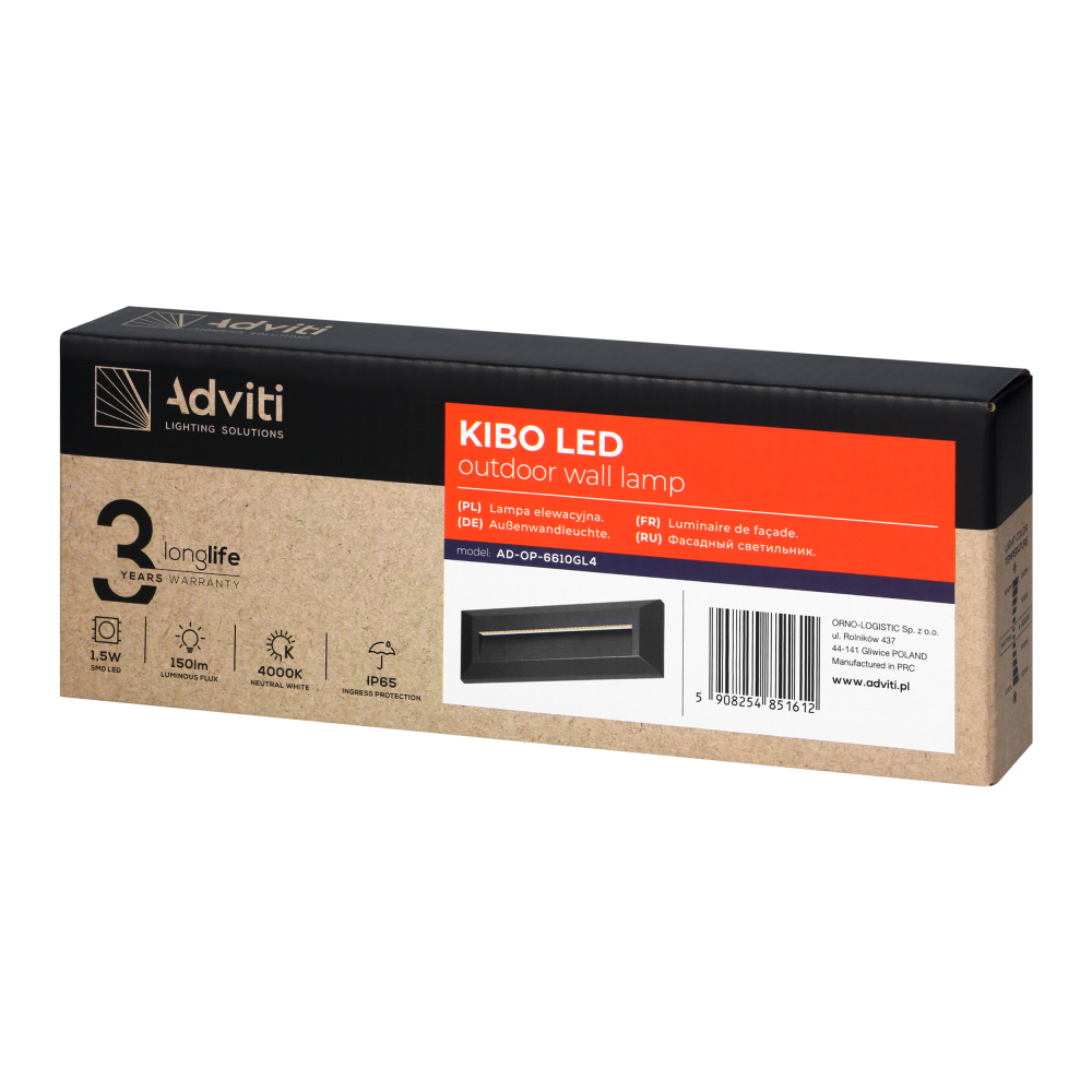 KIBO LED 1,5W, lampa elewacyjna, 150lm, IP65, 4000K, prostokątna, szara
