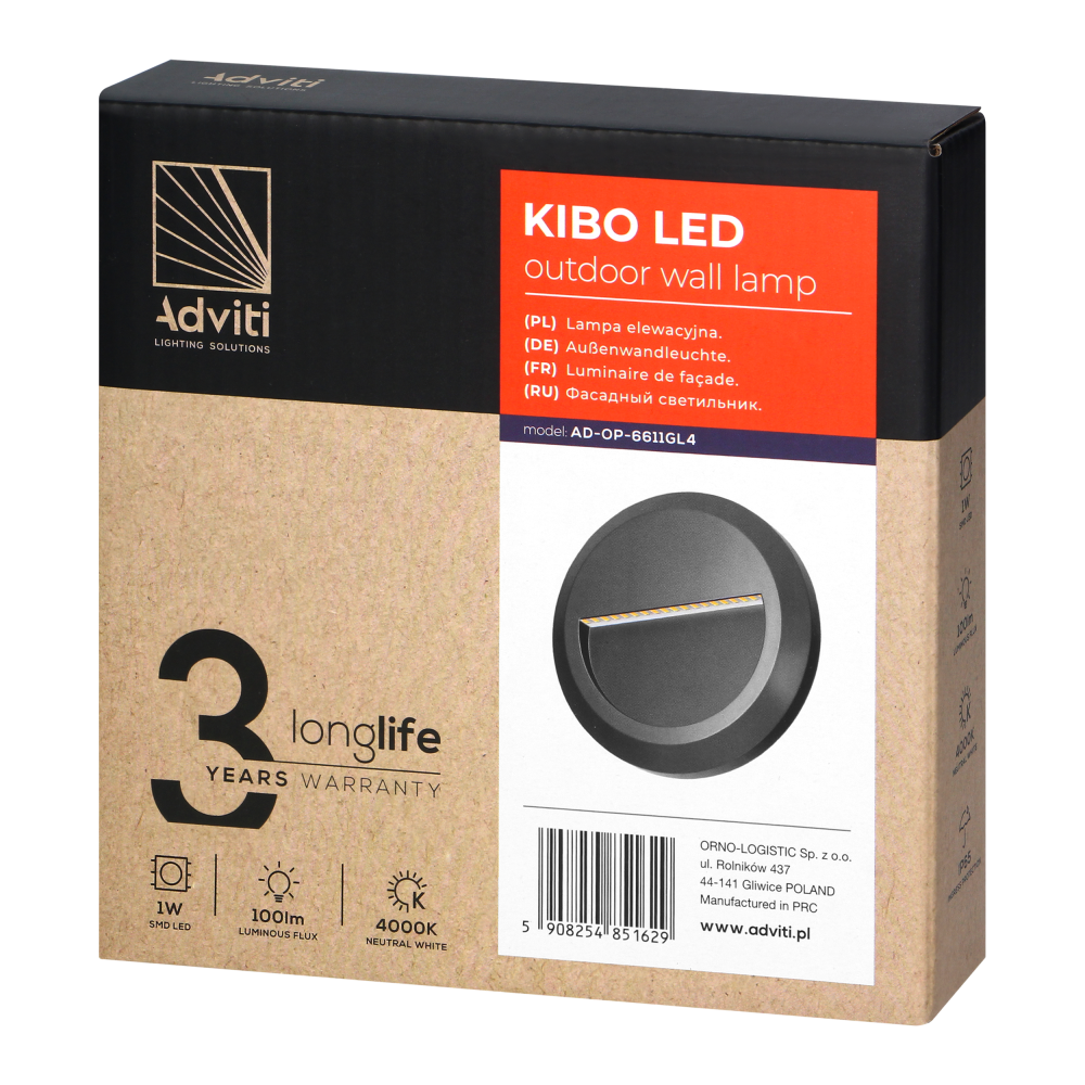 KIBO LED 1W, lampa elewacyjna, 100lm, IP65, 4000K, okrągła, szara