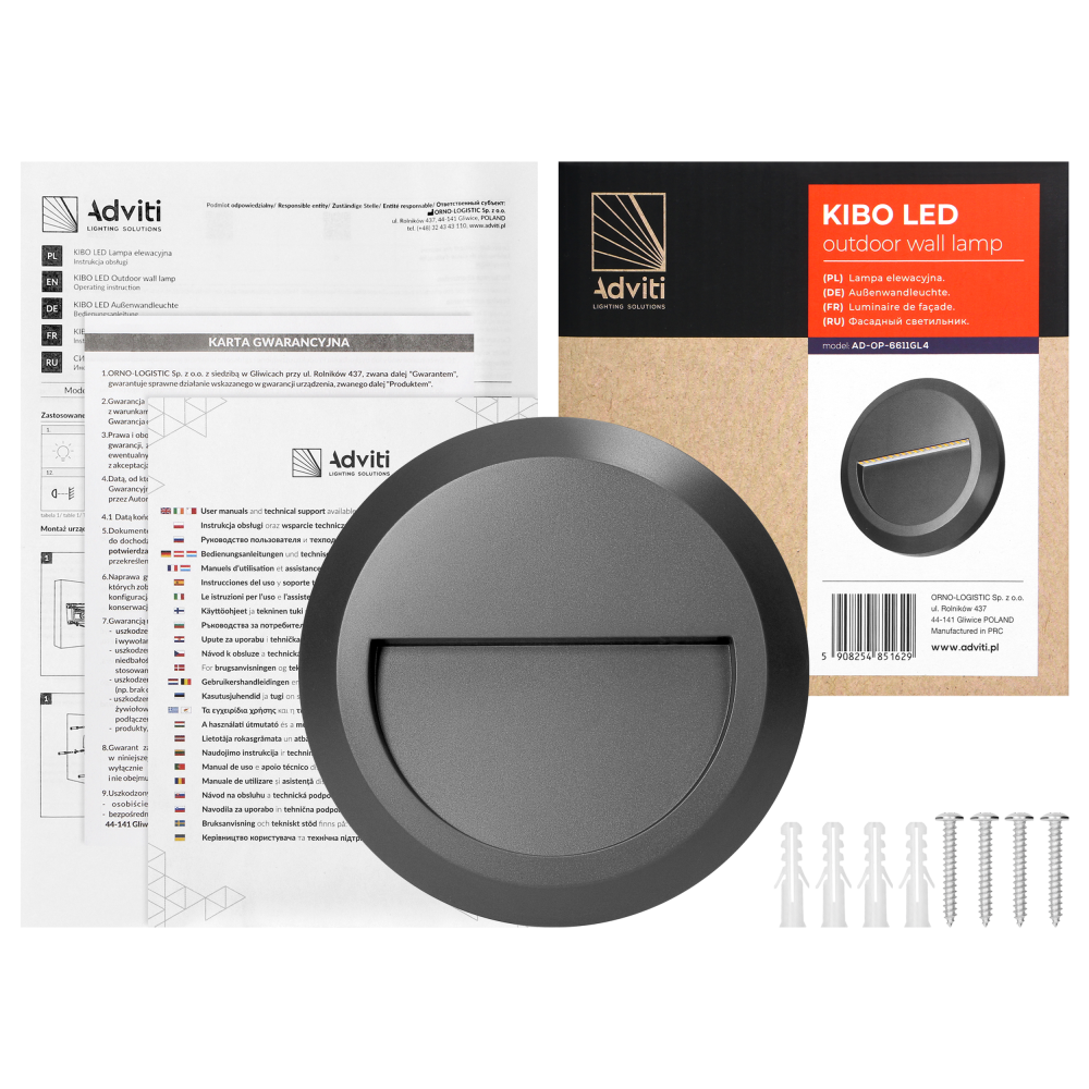 KIBO LED 1W, lampa elewacyjna, 100lm, IP65, 4000K, okrągła, szara