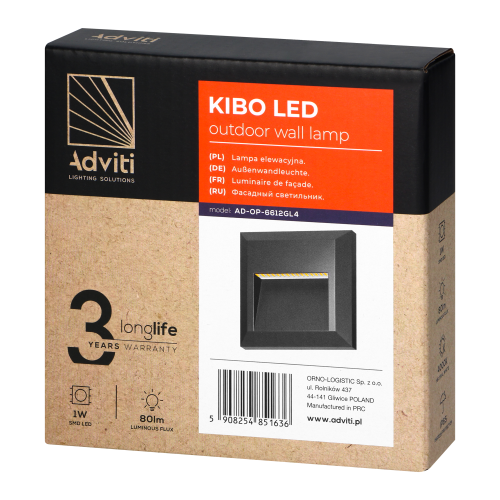 KIBO LED 1W, Outdoor wall lamp, 80lm, IP65, 4000K, square, grey