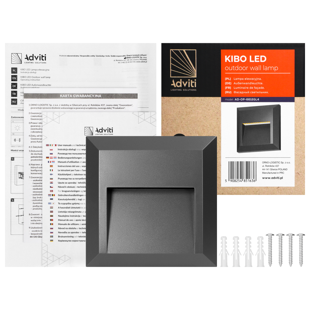 KIBO LED 1W, lampa elewacyjna, 80lm, IP65, 4000K, kwadratowa, szara