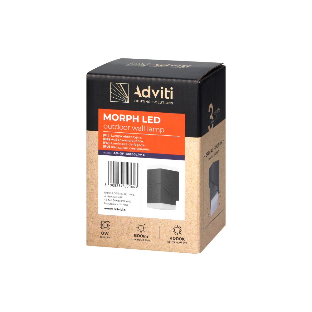 MORPH LED 6W, Outdoor wall lamp, 600lm, IP54, 4000K, grey