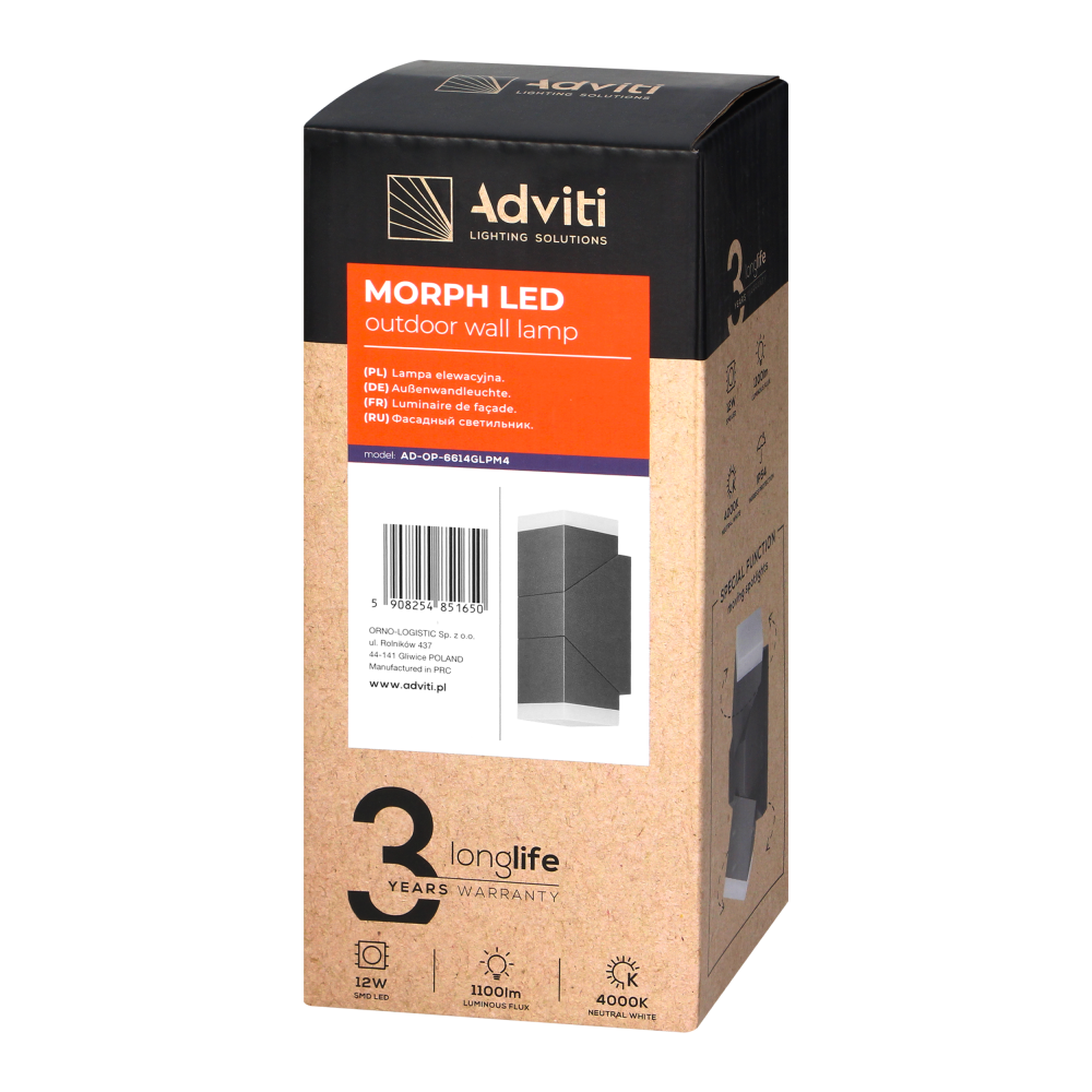MORPH LED 12W, podwójna lampa elewacyjna, 1100lm, IP54, 4000K, szara