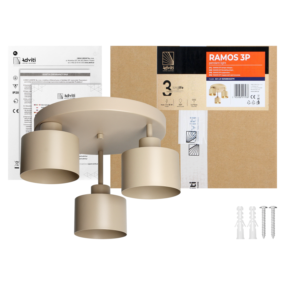 RAMOS lampa wisząca, moc max. 3x 18 W, E27, beżowa