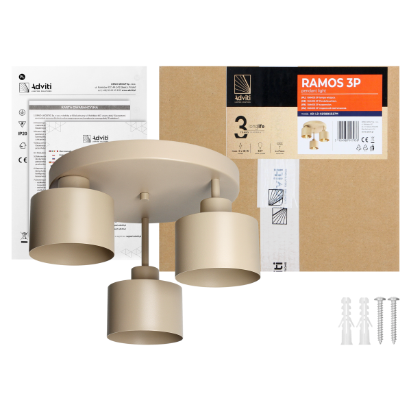 RAMOS lampa wisząca, moc max. 3x 18 W, E27, beżowa