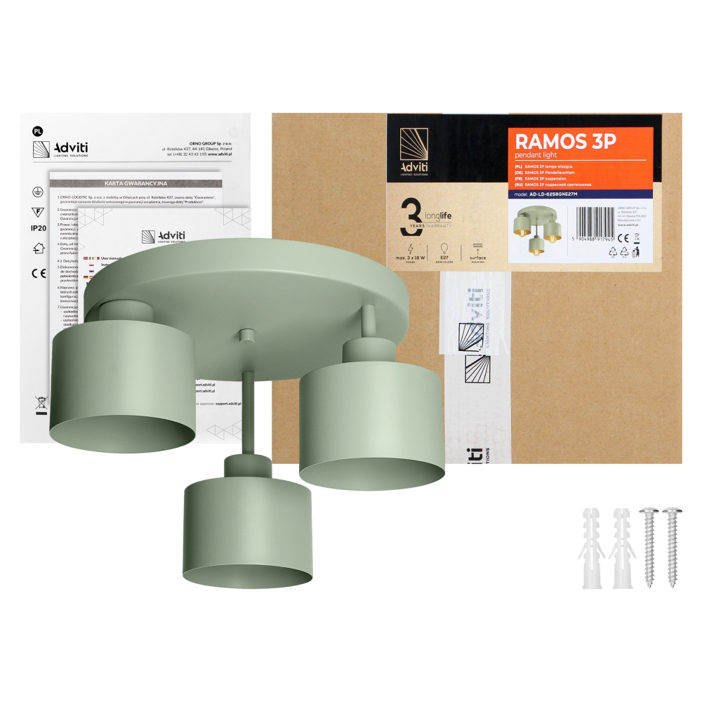 RAMOS lampa wisząca, moc max. 3x 18 W, E27, oliwkowa