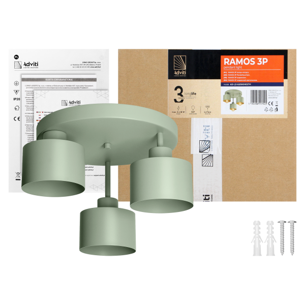 RAMOS pendant light, max. 3x 18 W, E27, olive-green