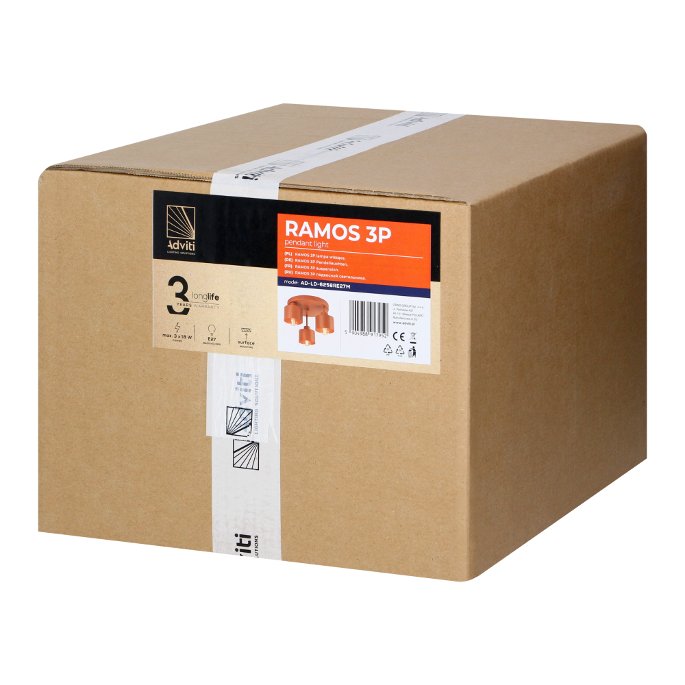 RAMOS lampa wisząca, moc max. 3x 18 W, E27, ceglana