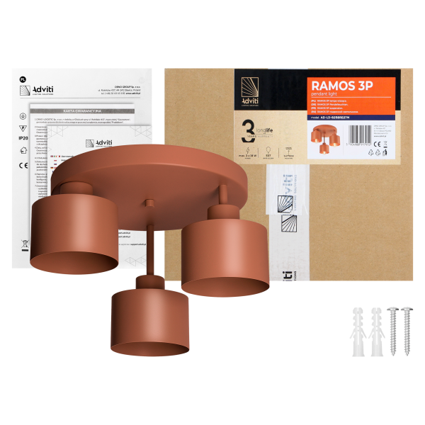 RAMOS lampa wisząca, moc max. 3x 18 W, E27, ceglana