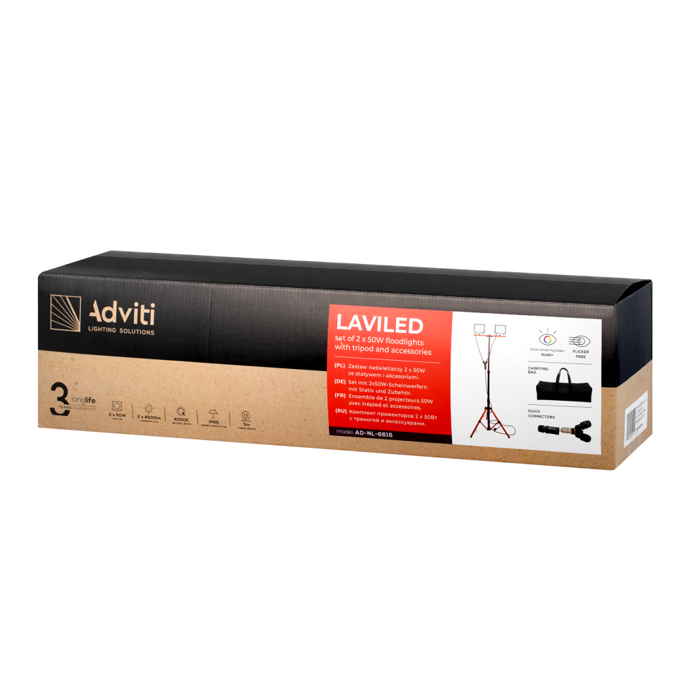 LAVILED set of 2 x 50 W floodlights with tripod, cord and bag