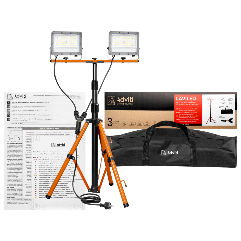 LAVILED set of 2 x 50 W floodlights with tripod, cord and bag
