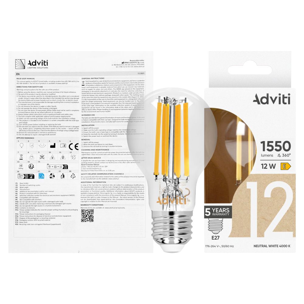Żarówka LED FILAMENT C E27 A60 12 W 1550 lm 4000 K