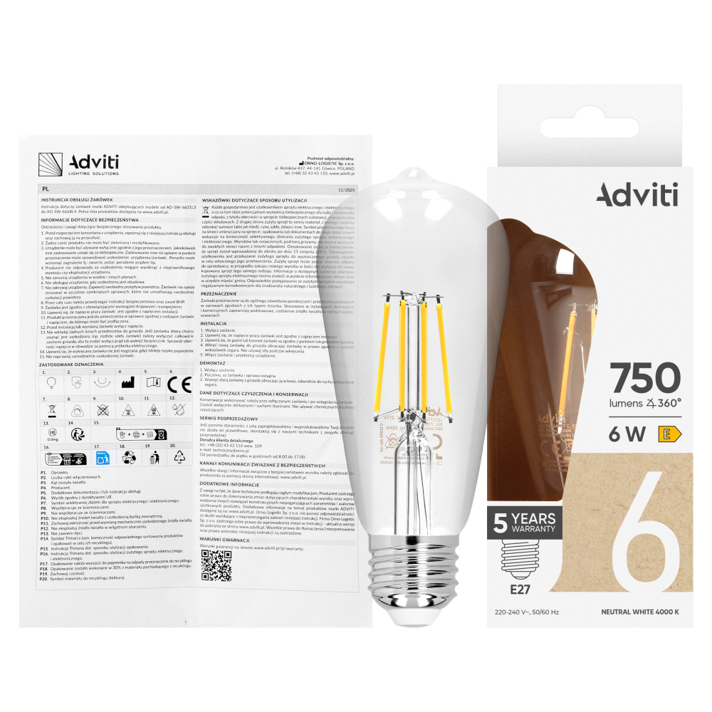 LED bulb FILAMENT C E27 ST64 6 W 750 lm 4000 K