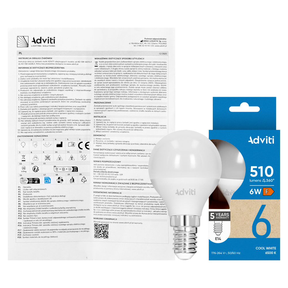 Żarówka LED E14 G45 6 W 510 lm 6500 K