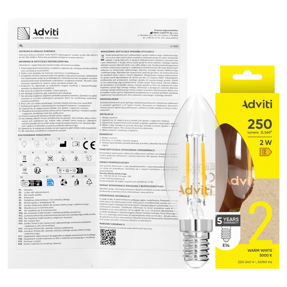 LED bulb FILAMENT C E14 C35 2 W 250 lm 3000 K