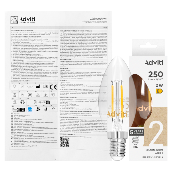 LED bulb FILAMENT C E14 C35 2 W 250 lm 4000 K