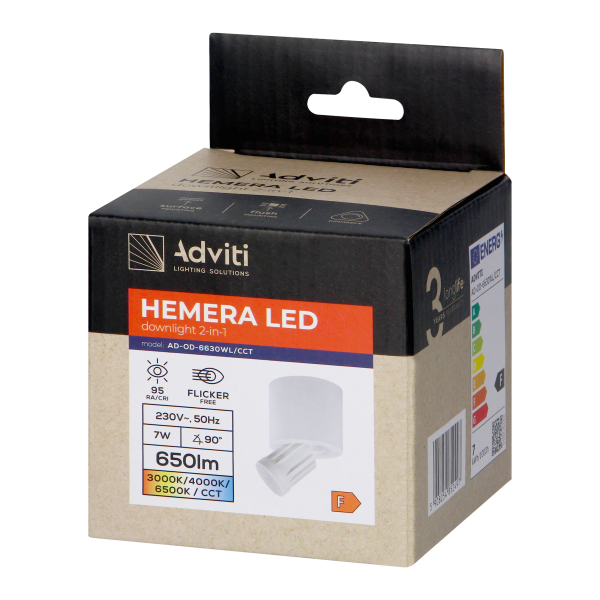 HEMERA LED Downlight 2-in-1,7 W, 650 lm, 3000/4000/6500 K, white