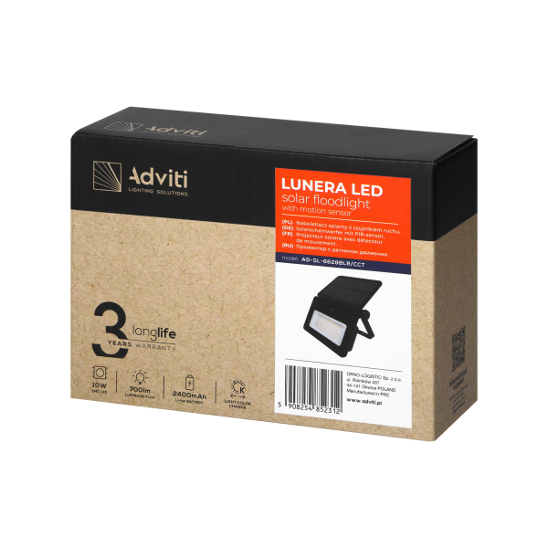 LUNERA LED 10 W, solar floodlight with PIR motion sensor, 700 lm, CCT, IP54, 2400 mAh, black