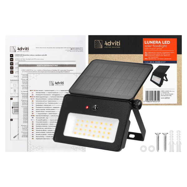 LUNERA LED 10 W, naświetlacz solarny z czujnikiem ruchu PIR, 700 lm, CCT, IP54, 2400 mAh, czarny