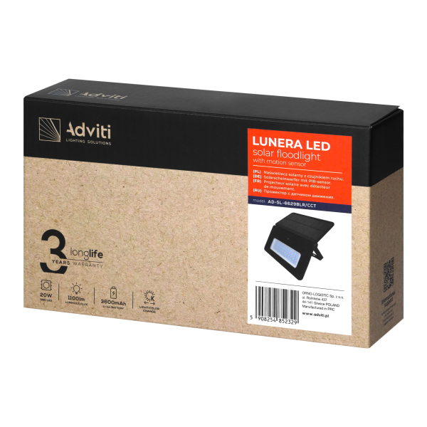 LUNERA LED 20 W, solar floodlight with PIR motion sensor, 1100 lm, CCT, IP54, 3600 mAh, black