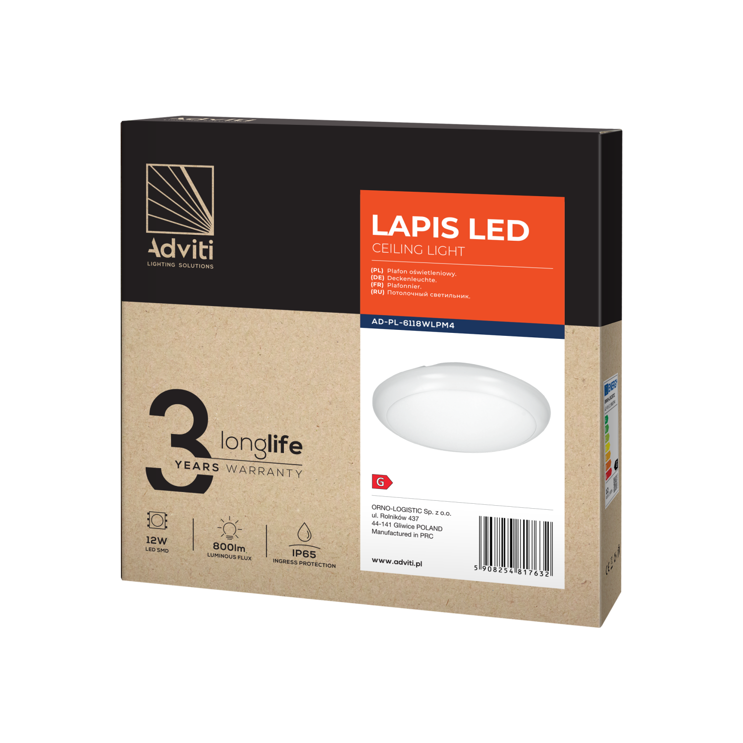Panel Lit Computer LAPIS LED 12W ceiling light, 800lm, IP65, 4000K, IK10, milky PC, white