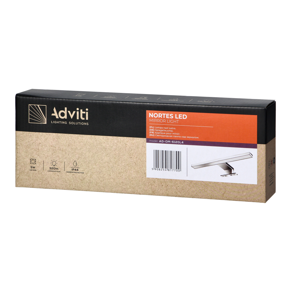 NORTES LED 5W, lampa nad lustro, 320lm, 4000K, dł. 30 cm, plastik, srebrna