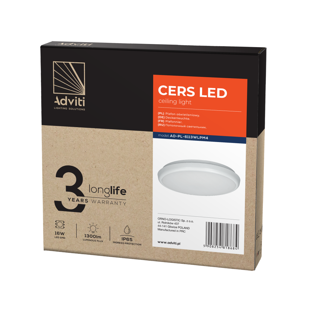 CERS LED ceiling light, 16W, 1300lm, IP65, 4000K, milky PC, white