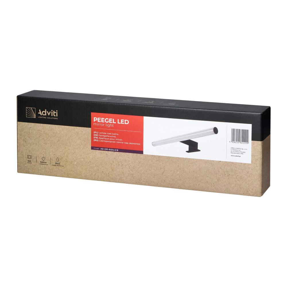 PEEGEL LED 6W, lampa nad lustro, 540lm, 4000K, dł.40 cm, tworzywo sztuczne+akryl, czarna